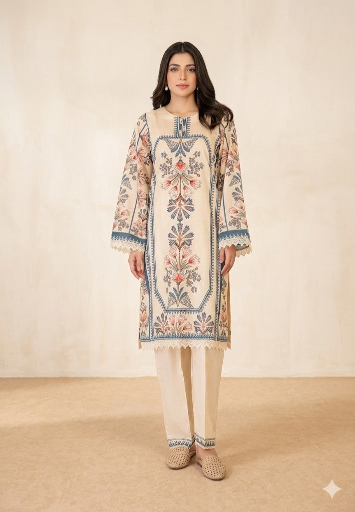Serene Blossom 2-Piece Embroidered Kurta and Trouser Set