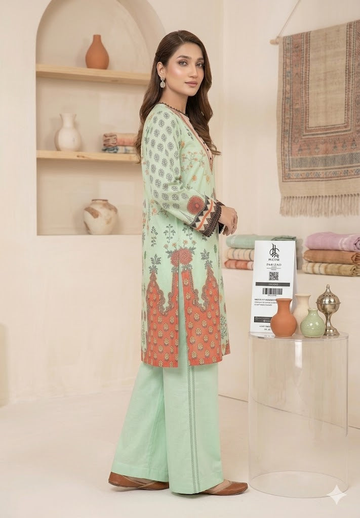 PARIZAD by PALTAR – 2-Piece Premium Printed Mint Green & Coral Lawn Suit