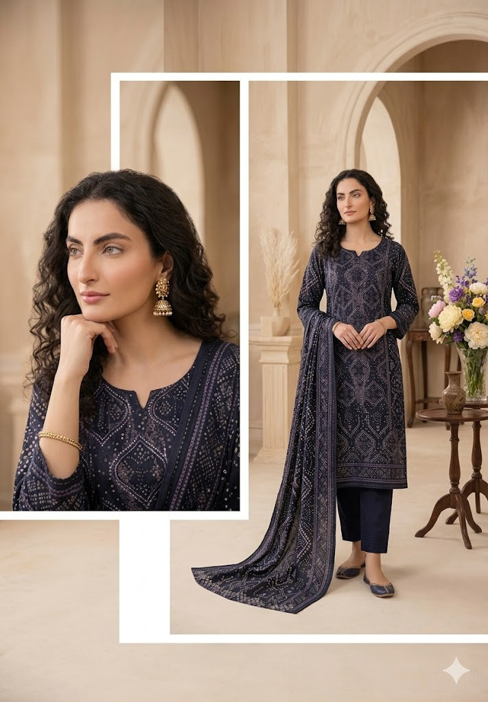 Nishat Linen 3-Piece Unstitched Summer Lawn Suit – Luxury Printed Black Chunri