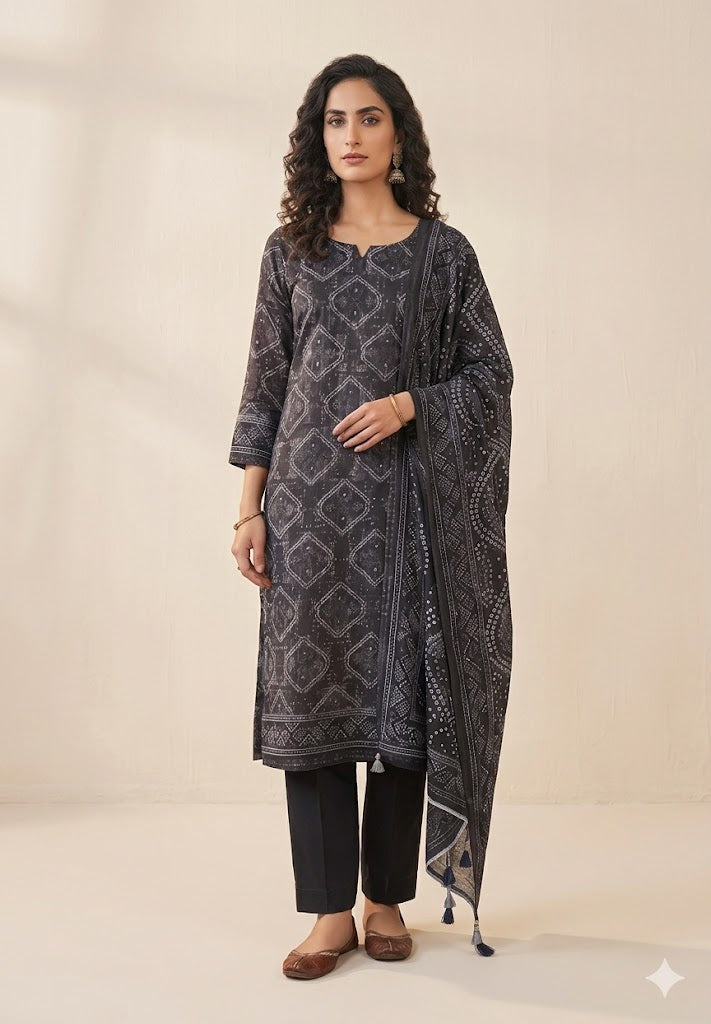 Nishat Linen 3-Piece Unstitched Summer Lawn Suit – Luxury Printed Black Chunri
