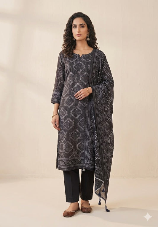 Nishat Linen 3-Piece Unstitched Summer Lawn Suit – Luxury Printed Black Chunri