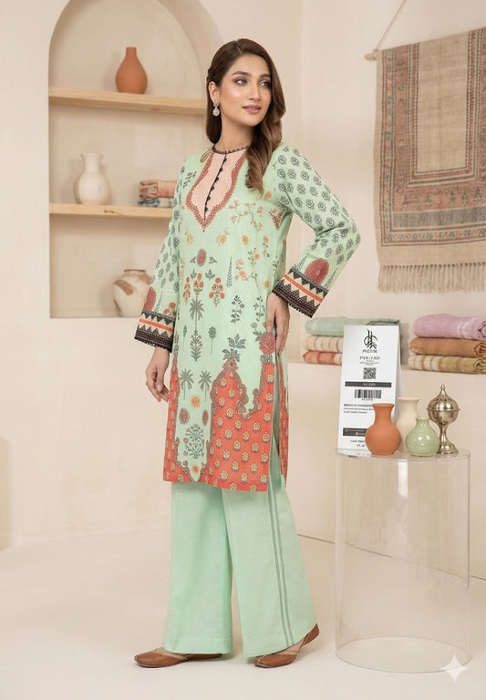 PARIZAD by PALTAR – 2-Piece Premium Printed Mint Green & Coral Lawn Suit