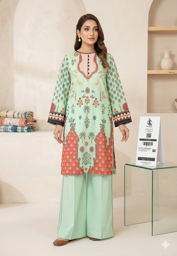 PARIZAD by PALTAR – 2-Piece Premium Printed Mint Green & Coral Lawn Suit