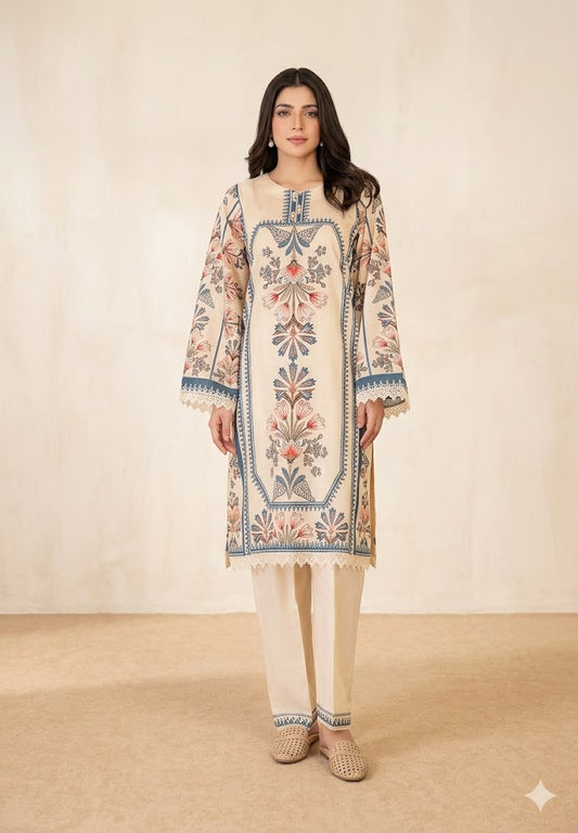 Serene Blossom 2-Piece Embroidered Kurta and Trouser Set